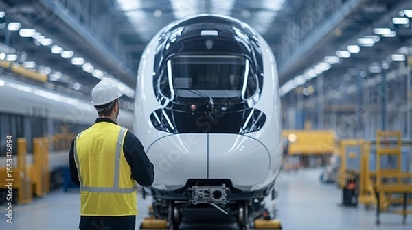 Fototapeta Rear view of an engineer, back to camera, intently focused on the intricate machinery of a high-speed train engine within a maintenance bay.