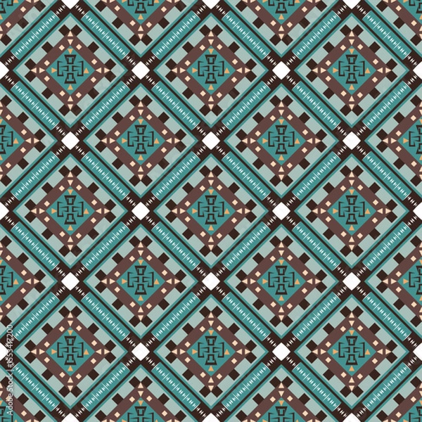 Obraz vector pattern, geometric, seamless, Aztec and Navajo concept, green tones and ethnic motifs, native american tribes, decoration design, fabric, background, wallpaper, print, modern traditional style.