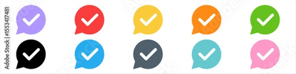 Fototapeta Checkmark or tick mark on speech bubble as a symbol of accept, agree or approval. Icon for app, website and UI. Colorful set of icons, vector illustration