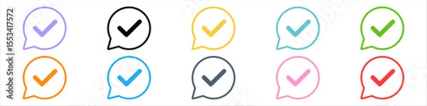 Fototapeta Checkmark or tick mark on speech bubble as a symbol of accept, agree or approval. Icon for app, website and UI. Colorful set of icons, vector illustration