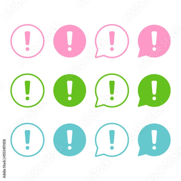 Fototapeta exclamation mark icons in speech bubble shapes | alerts, warnings, attention and important information icons | in black, yellow, and red colors