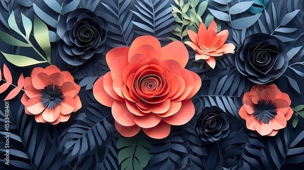 Obraz Colorful paper flowers and leaves create a lush, vibrant design.