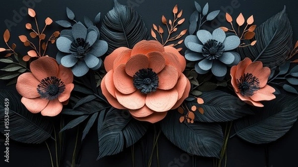 Obraz Colorful paper flowers and leaves on a dark background.