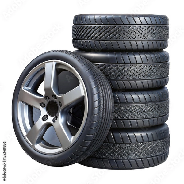 Fototapeta Stacked Car Tires and Silver Rim with Intricate Tread Patterns on Transparent BG