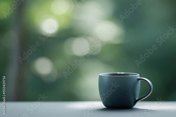 Fototapeta minimalistic coffee cup placed on clean surface surrounded by serene evening forest