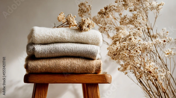 Fototapeta A stack of knitted sweaters on a wooden stool, with dried flowers above it