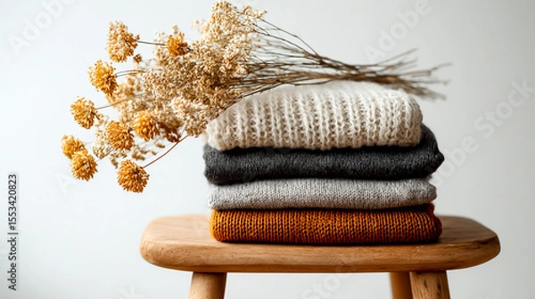 Fototapeta A stack of knitted sweaters on a wooden stool, with dried flowers above it