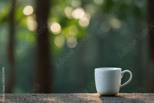 Fototapeta minimalistic coffee cup placed on clean surface surrounded by serene evening forest