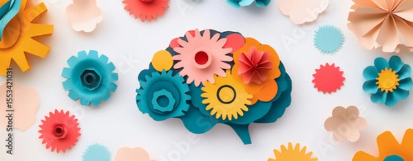 Obraz A colorful brain illustration with gears and flowers, mental health, cognitive wellness and creativity
