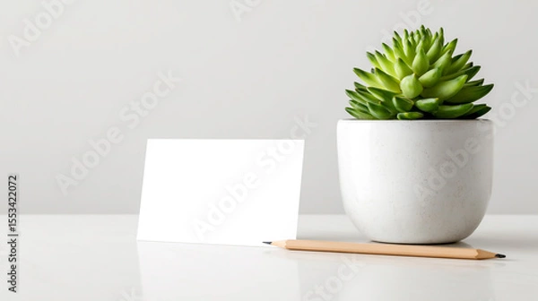 Fototapeta A white ceramic pot with a green succulent plant on the table, a blank card and pencil beside it