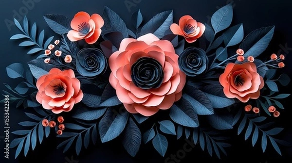 Obraz A decorative arrangement of paper flowers and leaves in coral and navy tones.