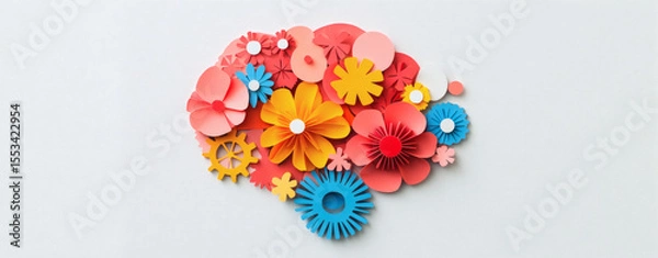 Obraz A colorful brain illustration with gears and flowers, mental health, cognitive wellness and creativity
