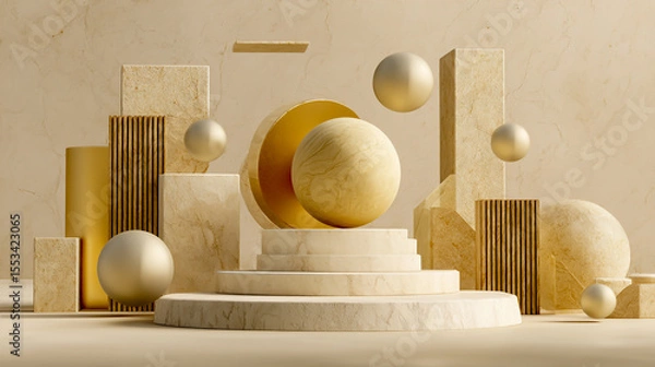 Fototapeta Abstract composition with geometric shapes and spheres in golden, beige, and white colors on a stone podium