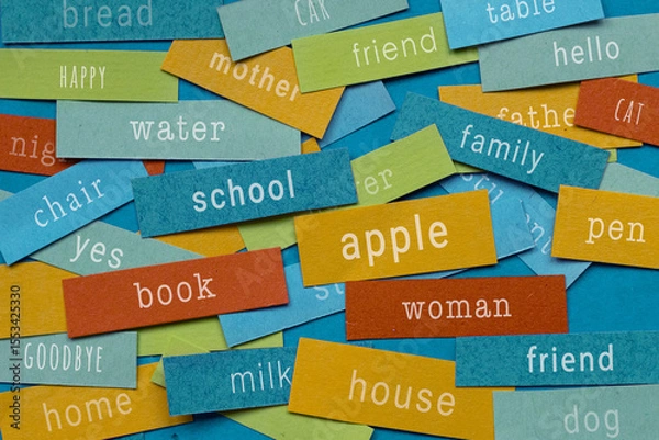 Fototapeta Learn english, Basic Vocabulary for Language Learning, first essential words written on colorful papers - apple, book,  cat, school