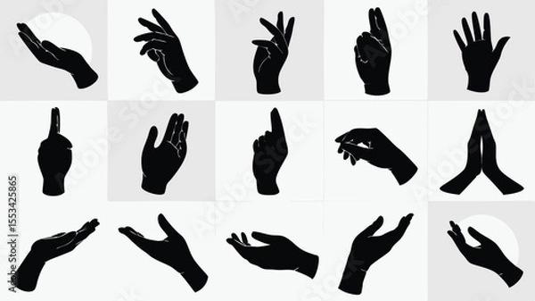 Fototapeta Collection of Silhouette Hand Poses on a Light Grey Background, Showing Open, Praying, and Pointing Hands