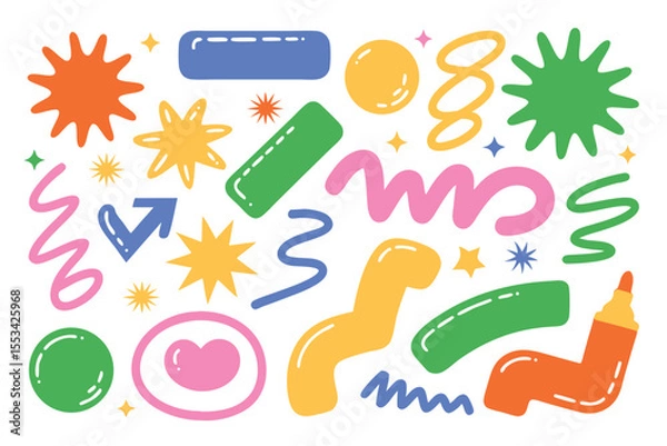 Fototapeta Colorful Abstract Shape Collection with Stars, Squiggles, Hearts, Markers and Geometrical Doodle Elements