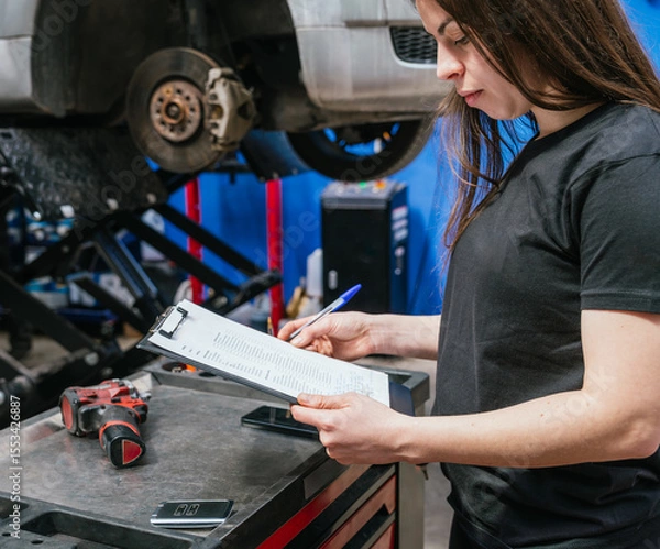 Obraz Female mechanic checking repair checklist beside lifted car in auto workshop