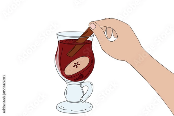 Fototapeta Hand drawn Person hand dips cinnamon stick into a glass cup of mulled wine and spices Pop art Design