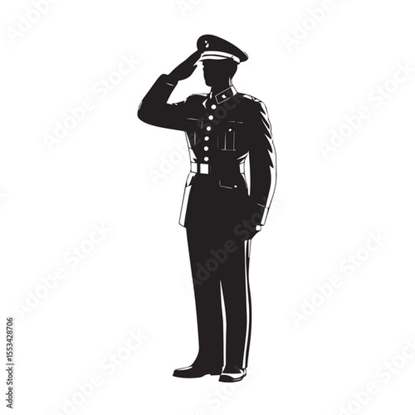 Fototapeta A formal military officer in uniform salutes respectfully with a crisp gesture depicted in a striking black silhouette against a clean white background