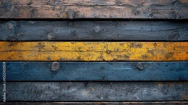 Obraz Close-up view of weathered wooden planks in horizontal stripes of dark blue, yellow, and brown.