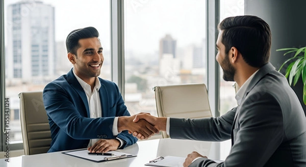 Fototapeta Happy young Indian business owner man shaking hands with male partner at meeting table, hiring new employee after interview,	