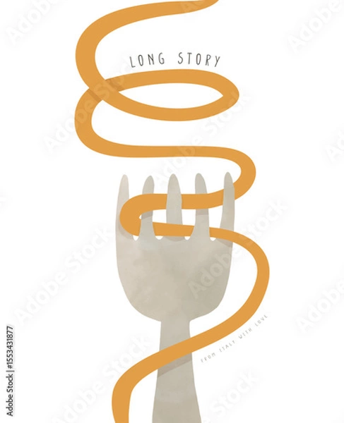 Obraz From Italy With Love. Long Story. Funny Hand Drawn Print with Fork and Pasta. Fork with Spahgetti Shape on a White Background. Infantile Style Print with Traditional Italian Food. 