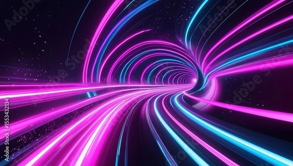 Fototapeta Neon Tunnel Abstract with Pink and Blue Light Trails in Dark Space