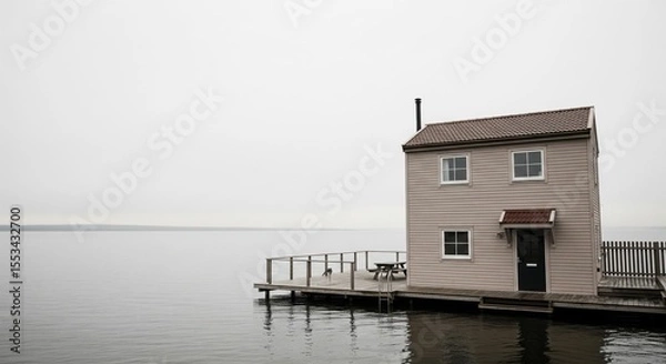 Fototapeta A charming small house on stilts stands over calm water, under a soft, overcast sky.