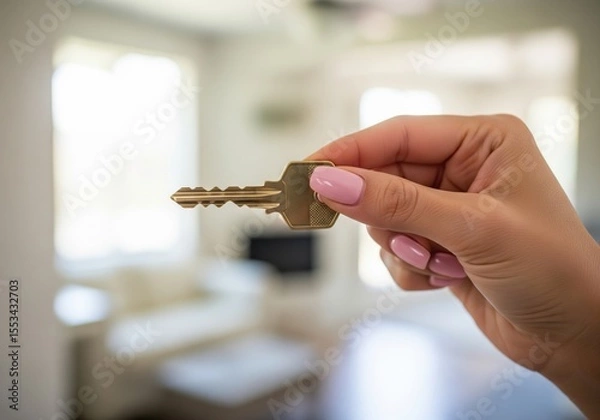Fototapeta A hand with pink manicured nails holds a golden key, symbolizing new beginnings, home, or access.
