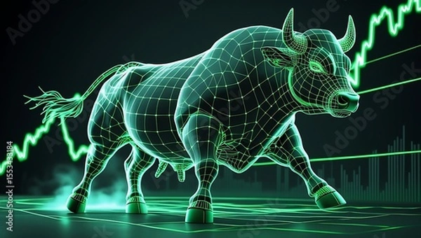 Fototapeta Green Grid Bull with Stock Chart on Dark Background