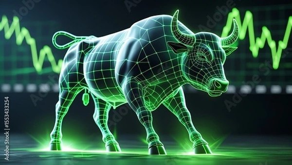 Fototapeta Glowing Green Bull with Grid Overlay and Stock Chart Background