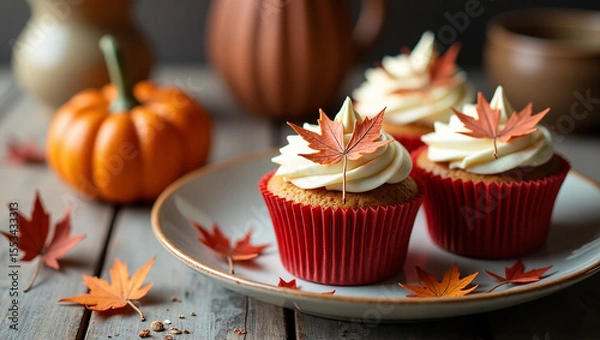 Fototapeta Delicious Autumn Cupcakes with Cream Cheese Frosting and Maple Leaf Garnish