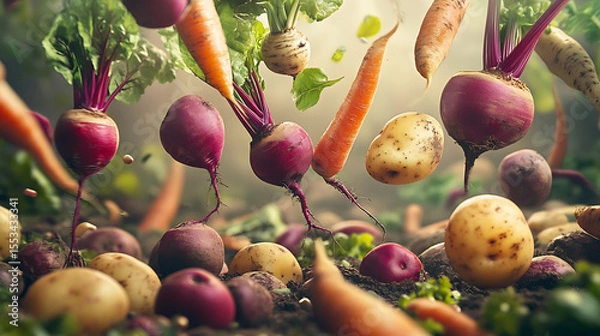 Fototapeta Vibrant Vegetables in Motion A Colorful Harvest of Carrots, Potatoes, Beets and Radishes
