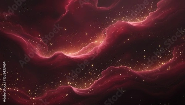 Fototapeta Deep Red Nebula with Golden Sparkles in Dark Space