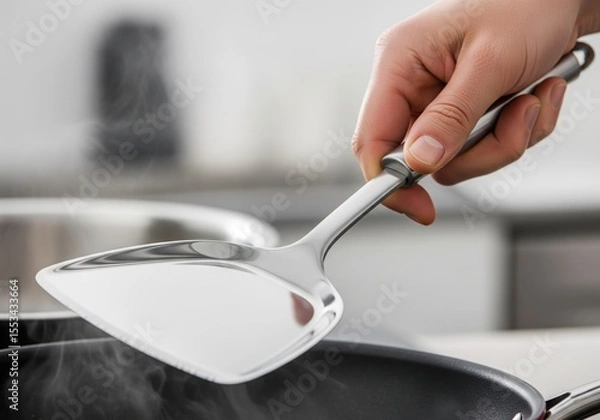 Fototapeta A hand holds a shiny metal spatula over a steaming pan, symbolizing cooking and culinary activity.