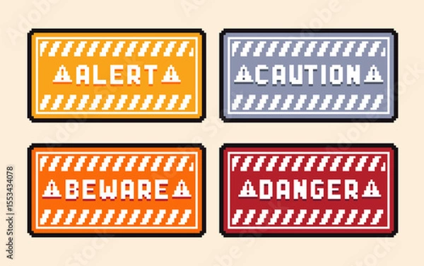 Obraz Set of the danger and attention signs, pixel icons. 8 bit pixel button set. Collection isolated vector illustrations