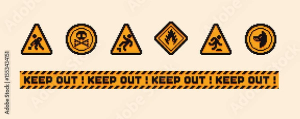 Obraz Set of the danger and attention signs, pixel icons. 8 bit pixel button set. Collection isolated vector illustrations