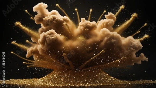 Fototapeta Golden Dust Explosion with Particles on Black Background