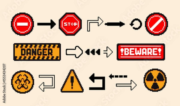 Obraz Set of the danger and attention signs, pixel icons. 8 bit pixel button set. Collection isolated vector illustrations