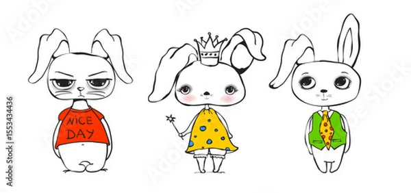Obraz Collection of cute Easter rabbits. Cartoon characters of happy bunnies for the card, sticker, banner, package design. Vector illustrations