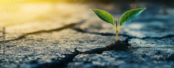 Obraz Seedling breaking through cracked concrete, surrounded by urban decay, symbolizing resilience and growth in adversity
