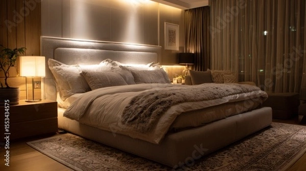 Obraz A beautifully decorated modern bedroom with a large, comfortable bed, plush pillows, and soft, ambient lighting, creating a cozy and inviting atmosphere.