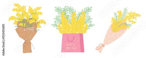 Fototapeta Set of Mimosa Bouquets. Spring Yellow Flowers Collection. Floral illustration in a soft, elegant style for spring holidays