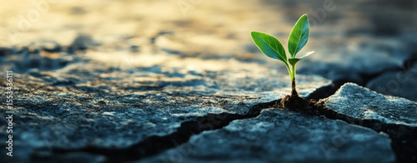 Obraz Seedling breaking through cracked concrete, surrounded by urban decay, symbolizing resilience and growth in adversity

