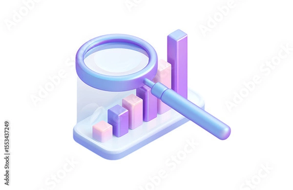 Fototapeta A purple and blue cartoon magnifying glass floating over a bar graph icon, in an isometric design style.