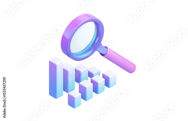 Fototapeta A purple and blue cartoon magnifying glass floating over a bar graph icon, in an isometric design style.