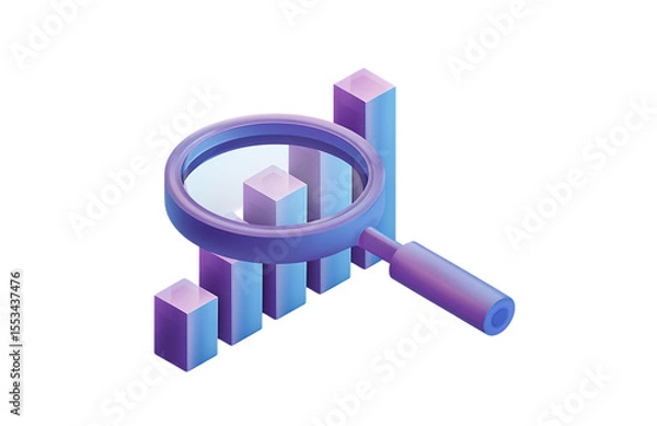 Fototapeta A purple and blue cartoon magnifying glass floating over a bar graph icon, in an isometric design style.