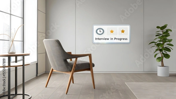 Fototapeta Empty chair facing floating 3D UI panel with interview icons | Clock and star rating progress indicators | Neutral office ambiance lighting | 8K UHD corporate recruitment technology render

