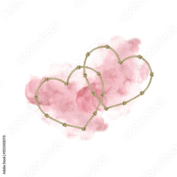 Fototapeta Two hearts made of rope with knots on the background of a pink watercolor spot. For printing, postcards, packaging, covers.