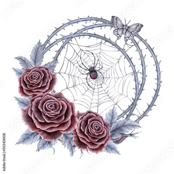 Fototapeta A Gothic composition with roses, spiked stems, cobwebs, a spider and a butterfly. Watercolor illustration in burgundy and gray tones. For printing, posters, postcards, and holiday decorations.